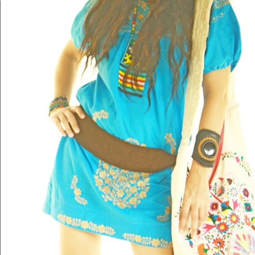 Mexican dress embroidered turquoise old gold